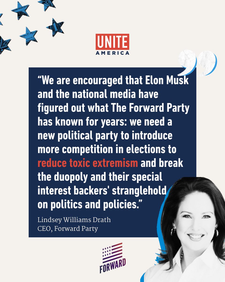 uniteamerica's tweet image. .@ElonMusk's announcement of the #AmericaParty reflects a growing frustration many Americans feel with our polarized political system.
While Musk’s desire to represent "the 80% in the middle" resonates with many, creating another political party will likely only go so far to…