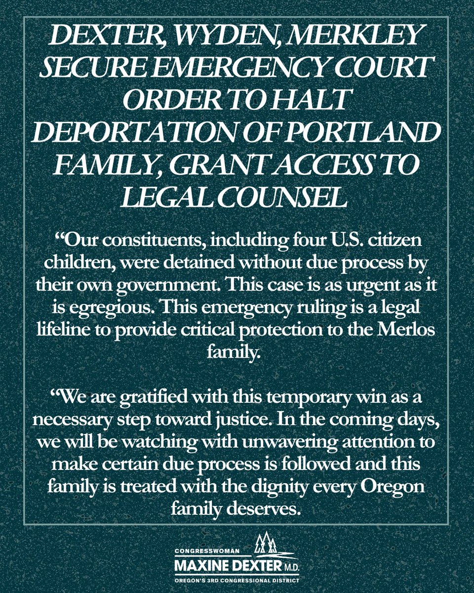 RepDexterOR's tweet image. A federal judge granted an emergency order preventing U.S. Customs and Border Protection from deporting Jackie, a Portland mother who was detained with her four U.S. citizen children. This is a legal lifeline and will provide critical protection and access to legal counsel for…
