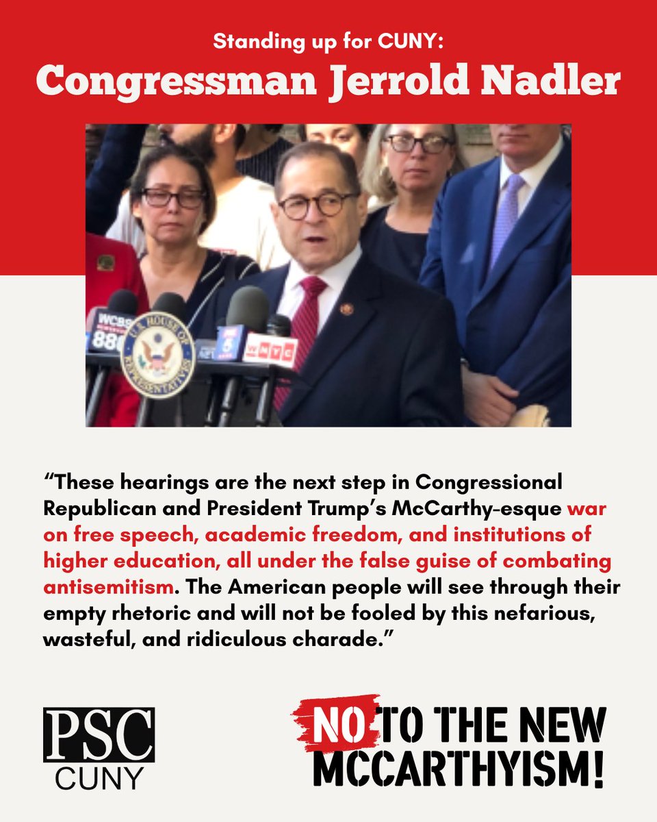 PSC_CUNY's tweet image. “These hearings are nothing more than an attack on higher education cloaked under the guise of fighting antisemitism." -- @RepJerryNadler #HandsOffHigherEd @AFTunion @nysut @AAUP @CUNYRising @UCAFT