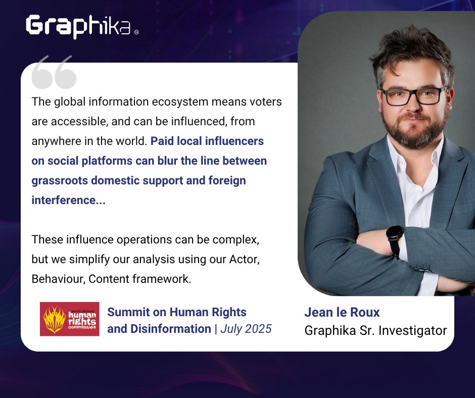 Graphika_NYC's tweet image. #Graphika Senior Investigator @jean_leroux recently shared his insights on information integrity and elections at @SAHRCommission's Summit on Disinformation in South Africa.
Thank you to organizer @EileenIzette for featuring us alongside experts from @RIAnetwork, @MandelaUni,…
