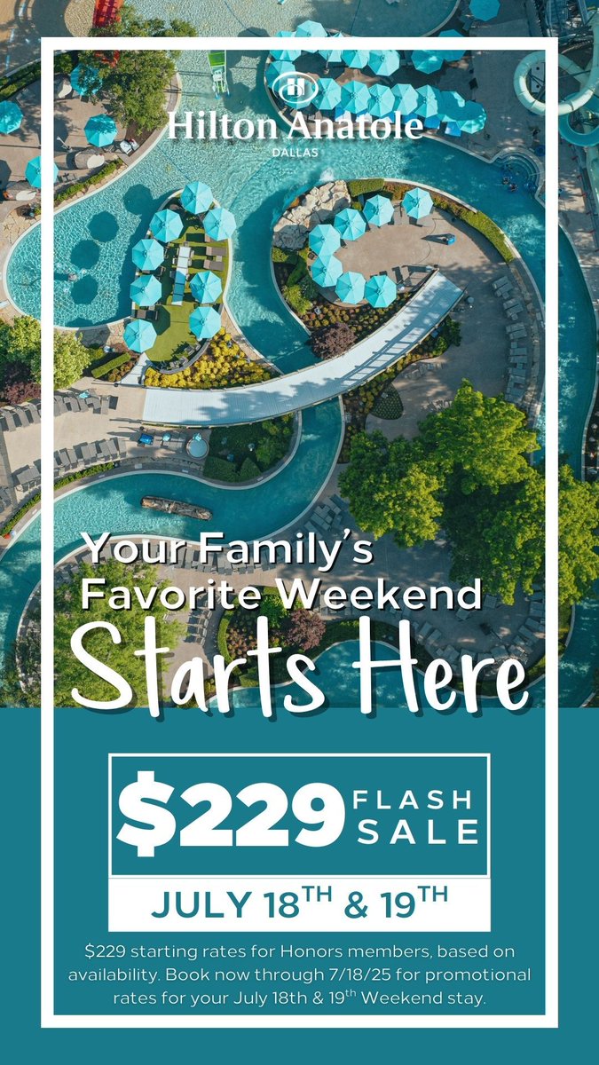 HiltonAnatole's tweet image. Dallas families: your weekend plans just got better. 😎
Hilton Anatole’s flash sale offers rates starting at $229 for July 18th –19th.
Book now and enjoy the perfect summer staycation!🏖️
#HiltonAnatole #StayLocal #FamilyTime
