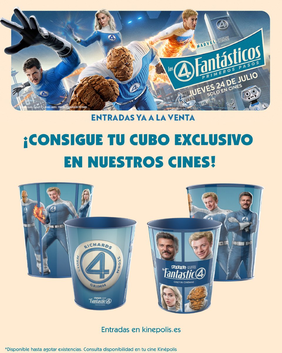 Con la llegada de Los 4 Fantásticos: Primeros pasos también aterrizan los cubos de palomitas exclusivos que son FANTÁSTICOS 🔥🧬

Colecciónalos solo en Kinépolis y llévate el combo más épico del universo.

🎬 Disponibles a partir del 24 de julio. Consulta disponibilidad en tu