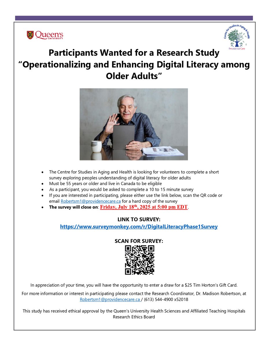 TheOACAO's tweet image. ๐ฃ Courtesy Post: Queenโs University is looking for adults 55+ in Canada for a short research survey on digital literacy ๐ฑ๐ป
๐ Takes 10โ15 mins
๐
Deadline: July 18, 2025 @ 5PM EDT
๐ Survey: surveymonkey.com/r/DigitalLiterโฆ
#DigitalLiteracy#OlderAdults #HealthyAging #QueensUniversity