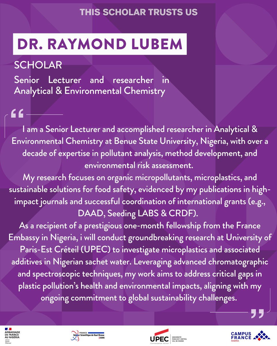 📌 #MeetOurScholars | SSHN 25' 🇳🇬🇫🇷

🎓 Say congratulations to Dr. Raymon Lubem, a senior lecturer and researcher at Benue State University, Nigeria, who has been awarded the SSHN Scholarship! 🌟

👏 Let’s celebrate Dr Raymond as he embarks on this journey in France.