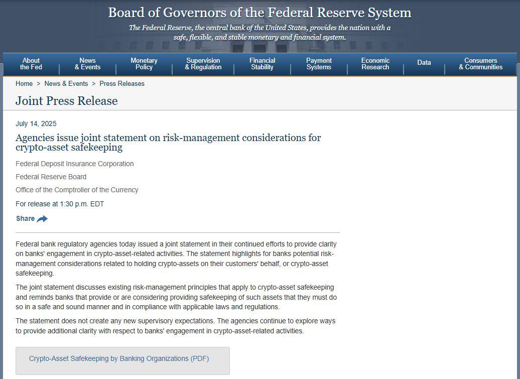 USDebtClock1's tweet image. 🚨 FED JUST DROPPED THE SIGNAL 🚨
On July 14, 2025, at the start of Crypto Week, the Federal Reserve, FDIC, and OCC released a joint statement giving the green light for banks to custody crypto.
Let that sink in.
This isn’t just another press release. This is a major step…