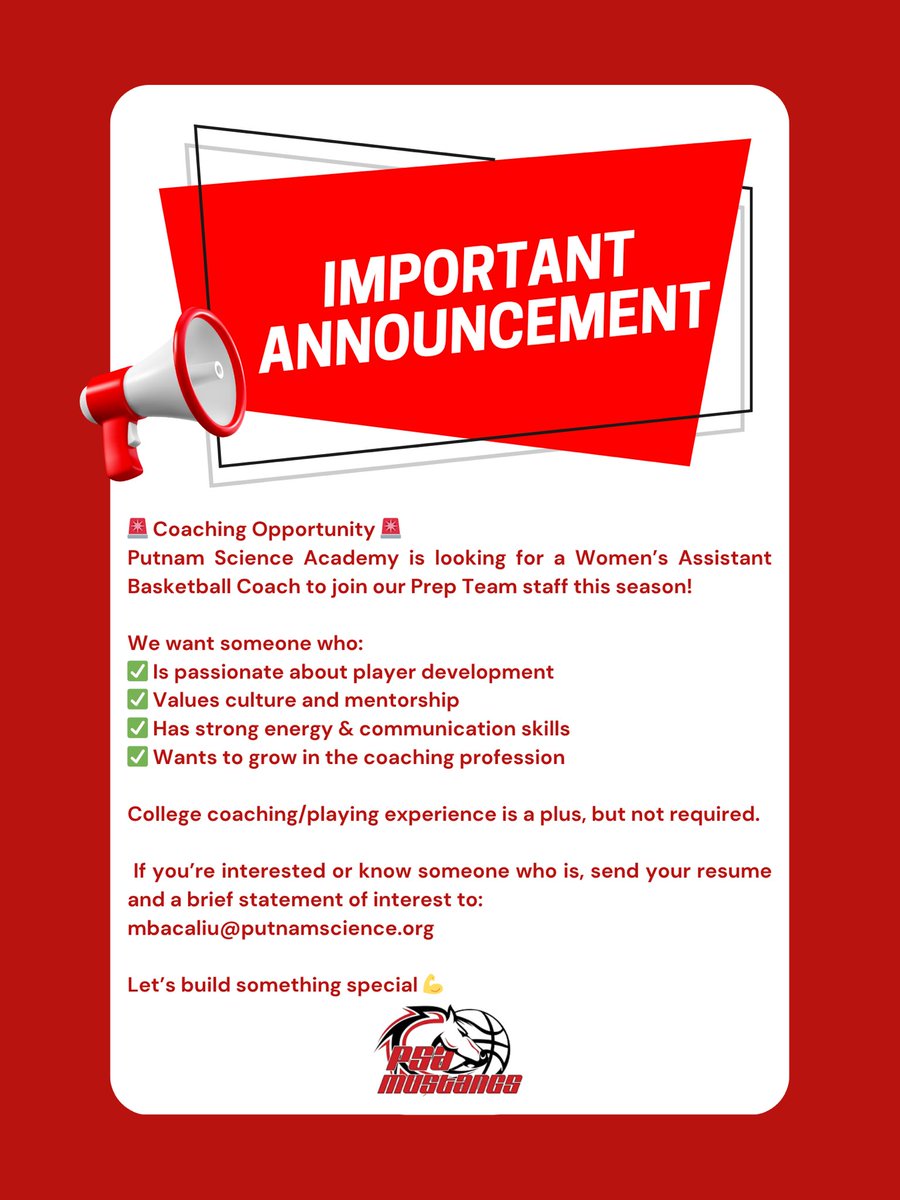 PSA_Athletics (@athleticspsa) on Twitter photo 🚨 Coaching Opportunity 🚨
Putnam Science Academy is hiring a Women’s Assistant Basketball Coach for our Prep Team!
Looking for a motivated leader passionate about player development & culture.
Email resume to: mbacaliu@putnamscience.org
#CoachingOpportunity #PrepHoops 🚨 Coaching Opportunity 🚨
Putnam Science Academy is hiring a Women’s Assistant Basketball Coach for our Prep Team!
Looking for a motivated leader passionate about player development & culture.
Email resume to: mbacaliu@putnamscience.org
#CoachingOpportunity #PrepHoops