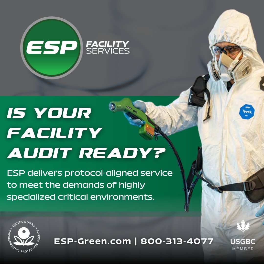ESPFacilityServ's tweet image. In controlled environments, compliance is critical. ESP delivers service aligned with strict protocols—through highly trained teams, consistent execution, regulatory compliance and a proactive approach that helps support audit readiness.
#ControlledEnvironments #ESPTeam