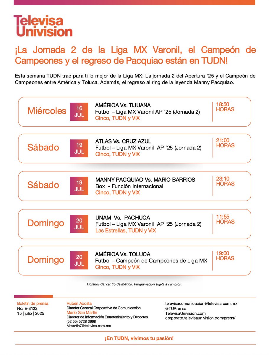 ¡Agenda lista! 🥊⚽

Traemos para ti toda la pasión deportiva: los mejores encuentros de la Jornada 2 de la #LigaMX y el regreso de una leyenda del boxeo. 

🗓️ Del 16 al 20 de julio
📺 Disfrútalo por <a href="/TUDNMEX/">TUDN MEX</a>, <a href="/MiCanal5/">El 5</a> y <a href="/VIX/">ViX</a>.