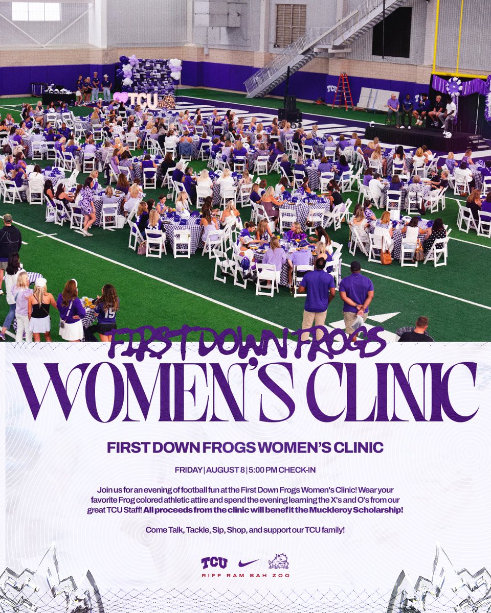 TCUFootball's tweet image. Tickets & Tables are going fast for this yearโs First Down Frogs Womenโs Clinic on August 8th!
Last yearโs edition SOLD OUT so donโt wait to sign up!
All proceeds will benefit the Zach Muckleroy Scholarship.
๐ฆ๐๐๐ก ๐จ๐ฃ ๐ง๐ข๐๐๐ฌ ยป sonnydykesfootballcamps.totalcamps.com/shop/product/5โฆ