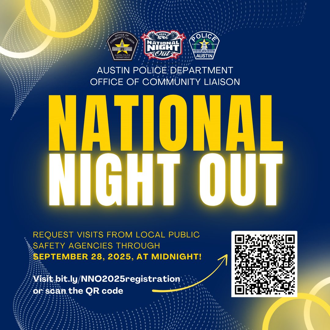Austin_Police's tweet image. National Night Out is a powerful way to build community! This year, it's Tuesday, October 7, 2025. Ensure public safety agencies can visit your block party by registering before the September 28, 2025, midnight deadline. Link: Bit.ly/NNO2025registr… #NNO2025ATX