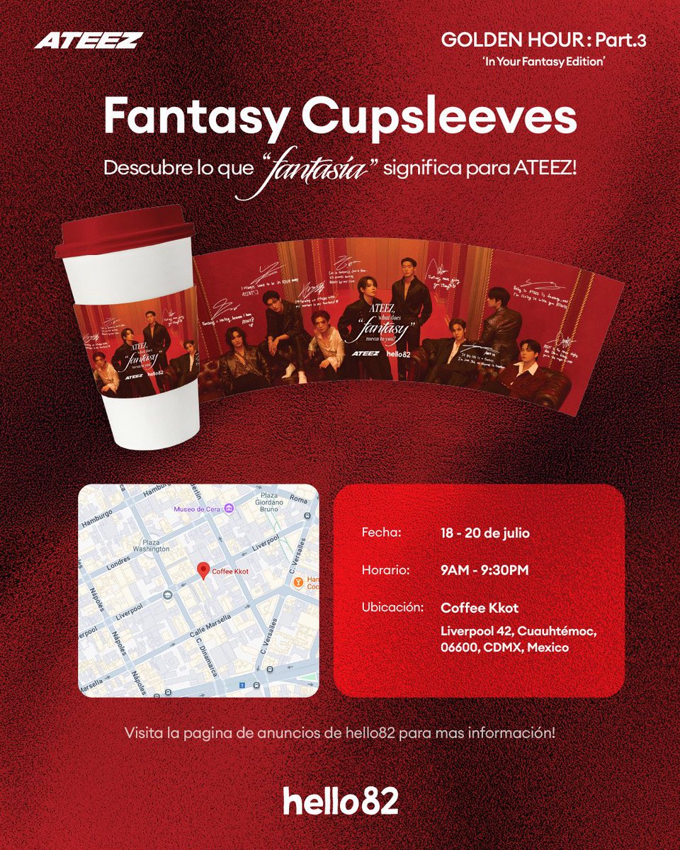 hello82CDMX's tweet image. Nos vamos más allá de lo que jamás imaginaste 🌟
Pásense por una bebida y aseguren un Fantasy Cupsleeve para descubrir lo que ‘fantasía’ significa para ATEEZ!
📅 18-20 de julio
📍Coffee Kkot - Liverpool 42, Cuauhtémoc, 06600, CDMX, México
@ATEEZ_official
#ATEEZ #에이티즈…