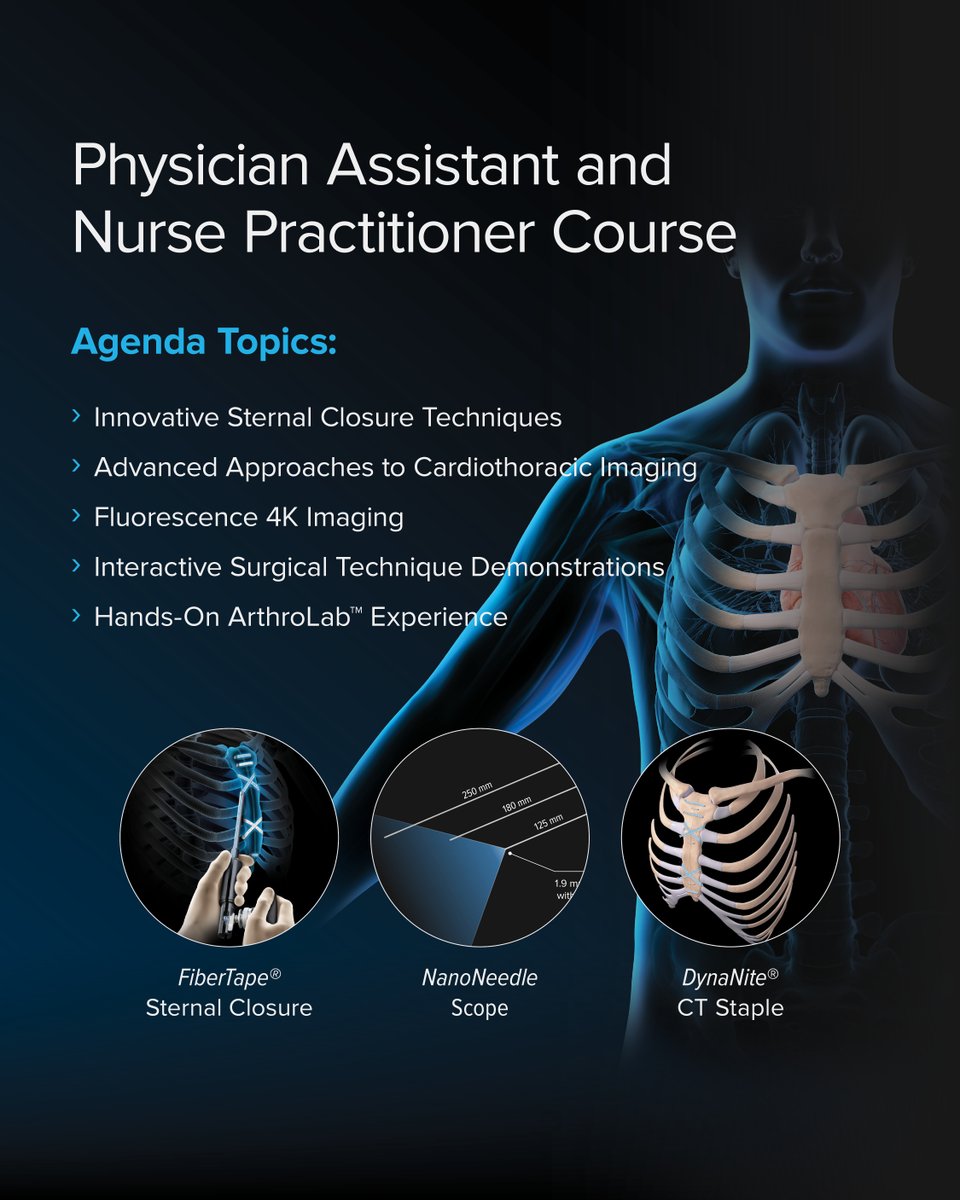 ArthrexMedEd's tweet image. Join #Arthrex at the Western Cardiothoracic Surgery Physician Assistant and Nurse Practitioner Course in Denver, Colorado. Cardiothoracic professionals will lead an engaging day of live demonstrations, case-based discussions, and hands-on ArthroLab™ sessions. Attendees will gain…