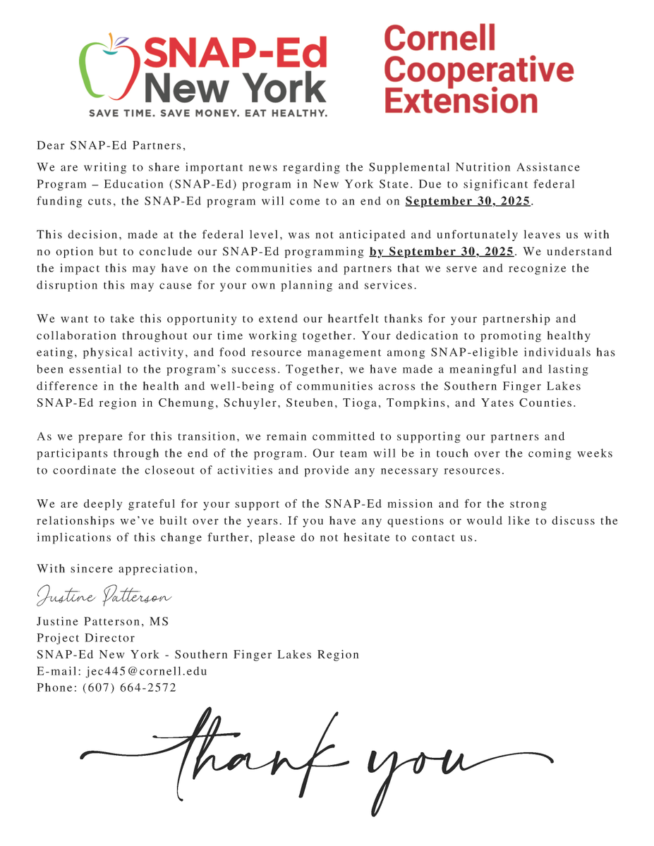 📣 Important Program Update from SNAP-Ed NY 📣

We’re sharing an important message from Justine Patterson, Project Director of SNAP-Ed New York – Southern Finger Lakes Region.
