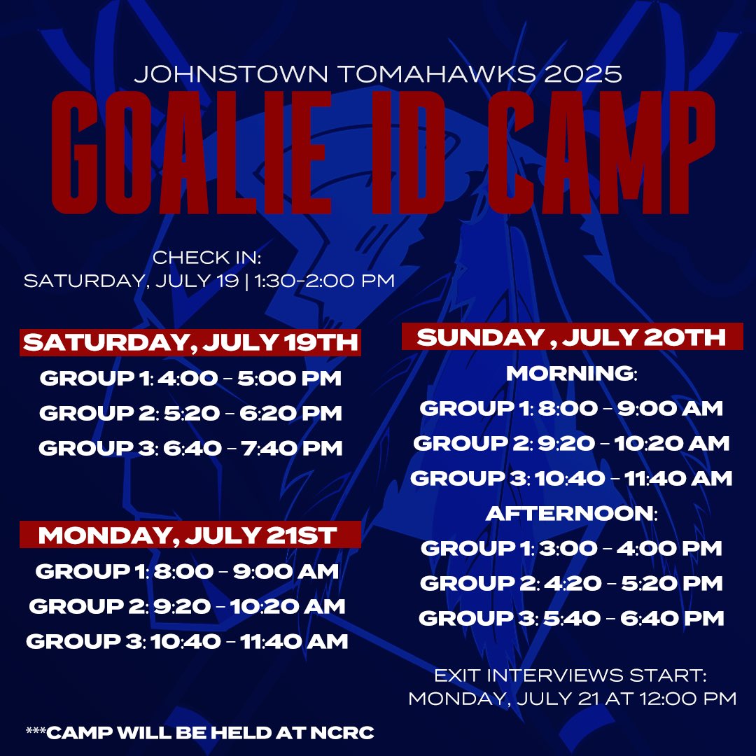 We’re just days away from Goalie ID Camp🗓️

Check out the full schedule and get ready for a weekend of action between the pipes 🧱

#LetsGoHawks | #AllOfUs