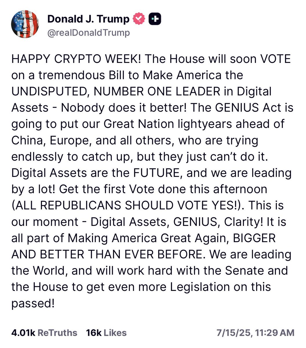🚨A Crypto Week message from @realDonaldTrump, urging House lawmakers to  pass the procedural vote this afternoon.
