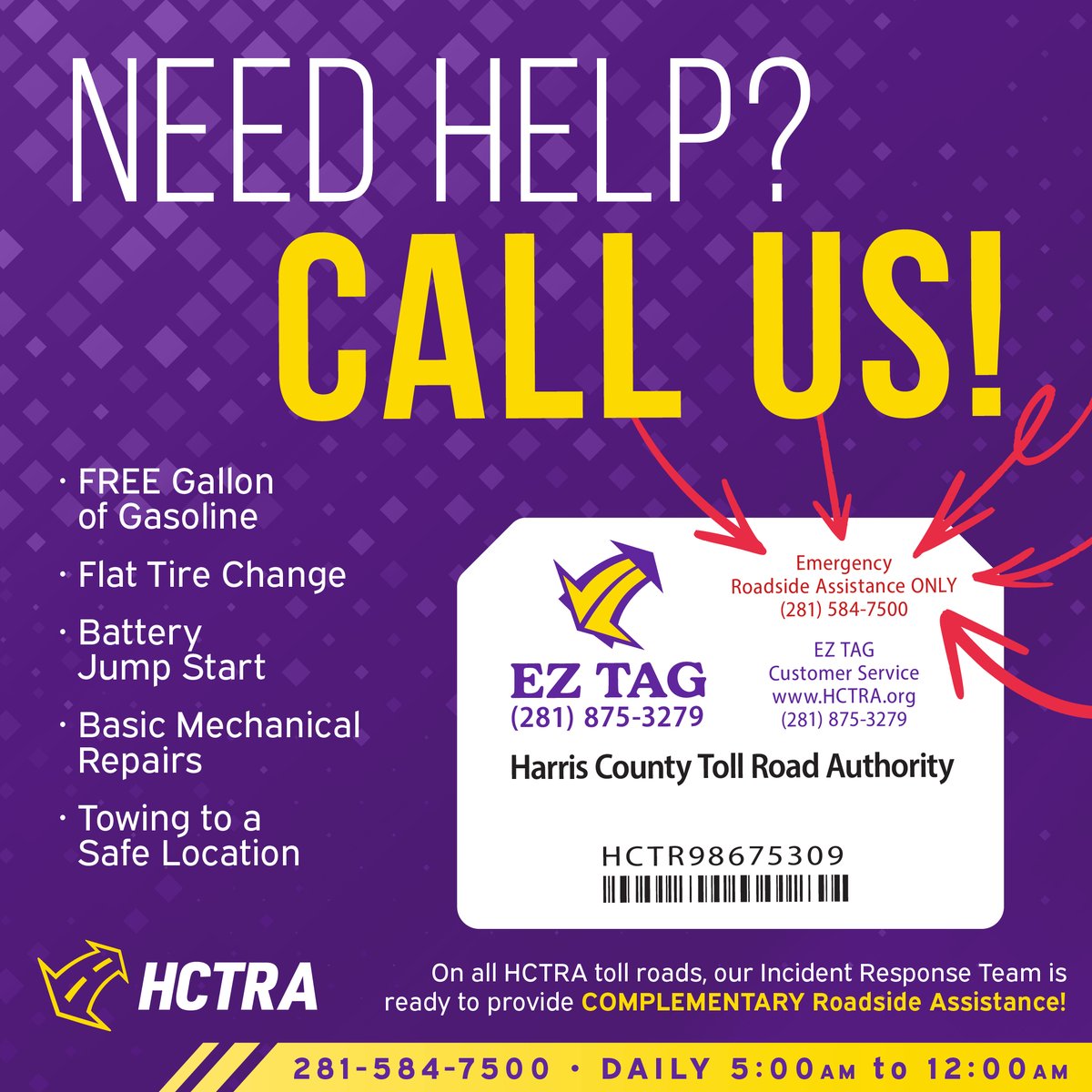 HCTRA's tweet image. 🚨 Stranded? We’ve tire-lessly got your back! HCTRA’s Incident Response Team offers FREE help for flats, gas, jump-starts & tows.
🕔 5AM–Midnight
📞 (281) 584-7500
You’re never alone — we’ll keep you moving! 💨
#SafetyFirst #HCTRA #EZTAG #HarrisCounty