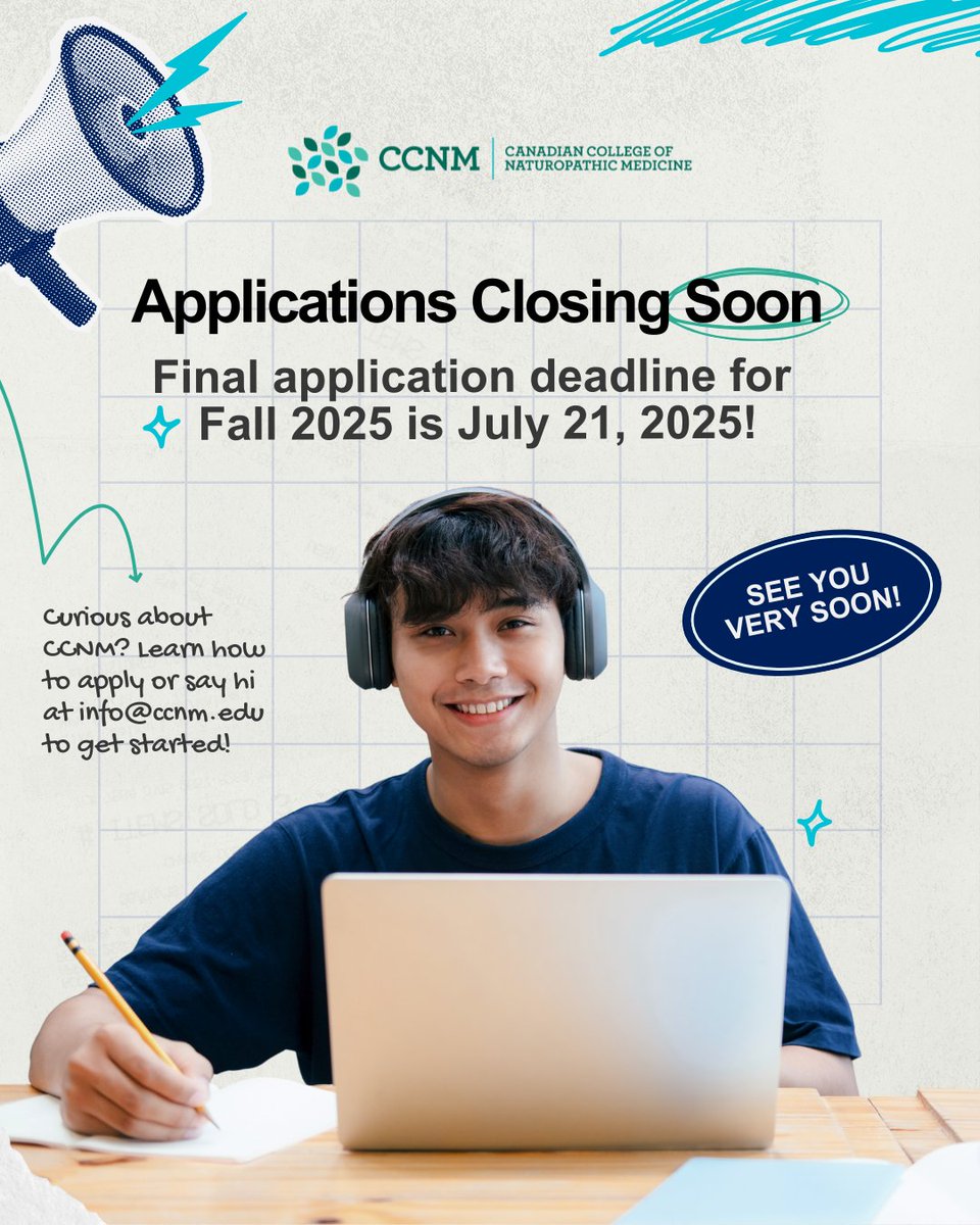 Heads up! Fall 2025 applications to CCNM close on July 21. 📅

Ready to begin your journey in naturopathic medicine? Apply now at ccnm.edu/apply-now. 

Learn more or reach out at info@ccnm.edu if you have any questions. We are here to help. 

#Application #Admissions #ND
