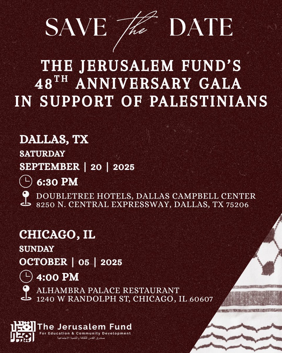 PalestineCenter's tweet image. Dallas and Chicago! Mark your calendars for our 48th Anniversary Gala in support of Palestinians in Gaza and the West Bank. More details coming soon.
