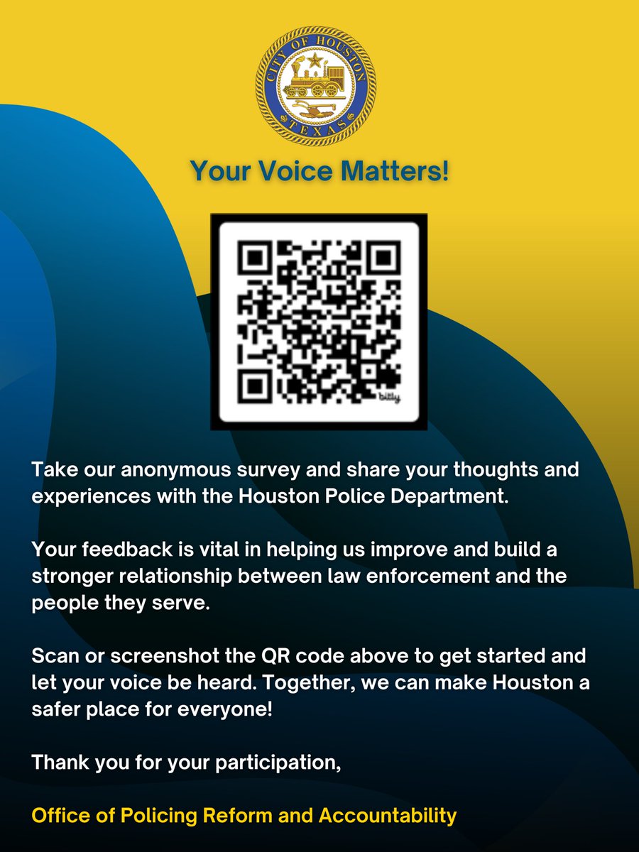 HoustonTX's tweet image. Houston, the Office of Policing Reform and Accountability wants to hear from you!
Please take a few minutes to complete this anonymous survey and share your experiences and thoughts about the Houston Police Department.
Your feedback is essential in helping us strengthen trust…
