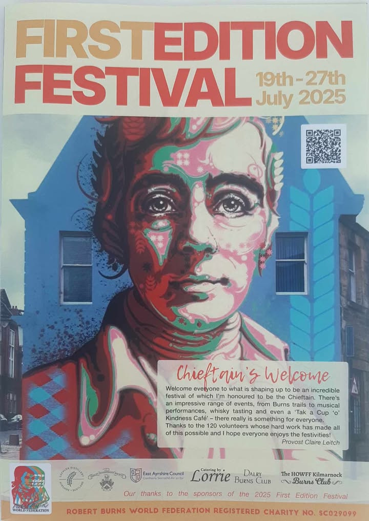 EALeisure's tweet image. First Edition Festival 19 - 27th July. Burns trails, Whisky Tasting, music and the Cup &apos;o&apos; Kindness Cafe. The Robert Burns World Federation, John Dickie Street.
Visit rbwf.org.uk/events-1/1st-e… to view the full programme.