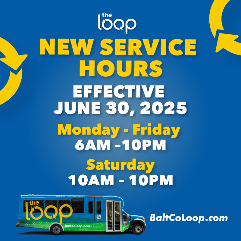 BaltCoDPWT's tweet image. Heads up, Loop riders! 🚌🔁 Loop service hours have changed—buses now conclude service at 10:00 PM. Please plan accordingly, ride smart, and as always, enjoy the ride! 😊
