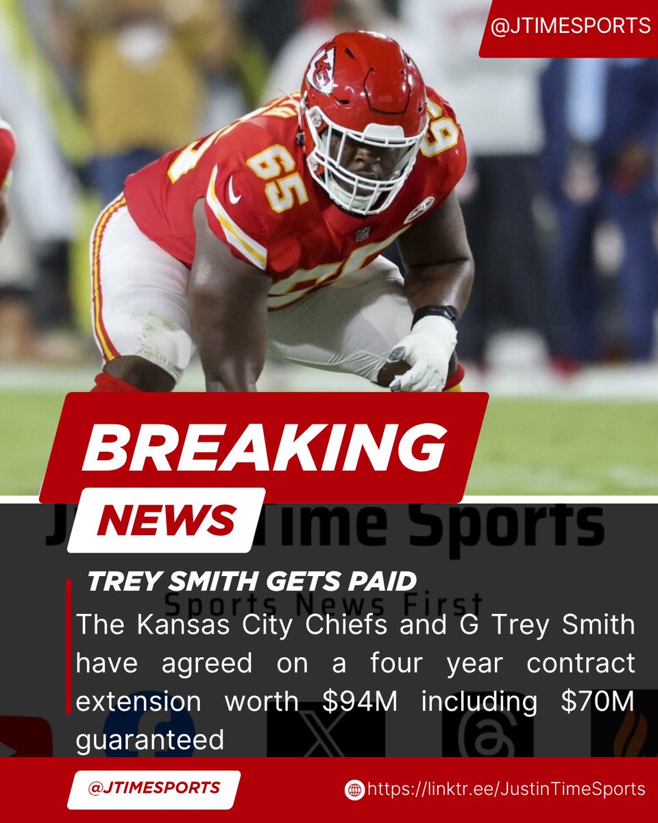 BREAKING: The Kansas City Chiefs and G Trey Smith have agreed on a four year contract extension worth $94M including $70M guaranteed making him the highest paid guard in #NFL history