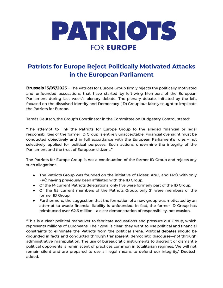 PatriotsEP's tweet image. 🚨 | Our Group firmly rejects politically driven smears aimed at silencing millions of European voices. The use of bureaucratic instruments to discredit or dismantle political opponents is reminiscent of practices common in totalitarian regimes. We will not remain silent.…
