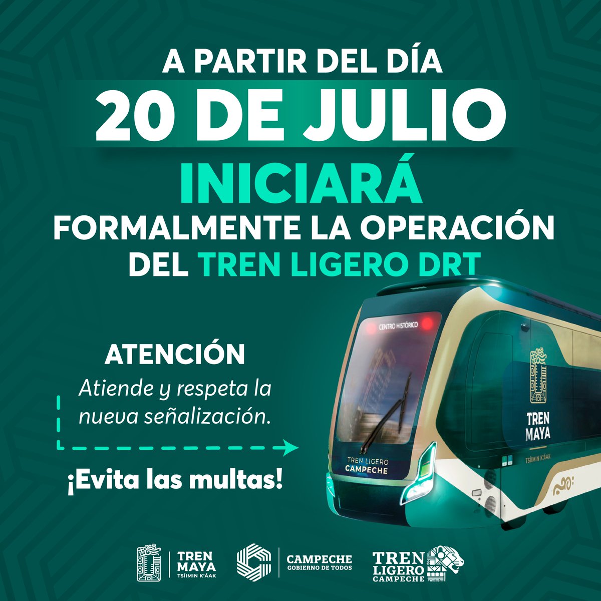 ¡Atento aviso! Del 20 de julio entra en operación el Tren Ligero DRT.

Respeta la señalización en glorietas y cruces; nuevas franjas amarillas, pasos peatonales y carril exclusivo DRT.
