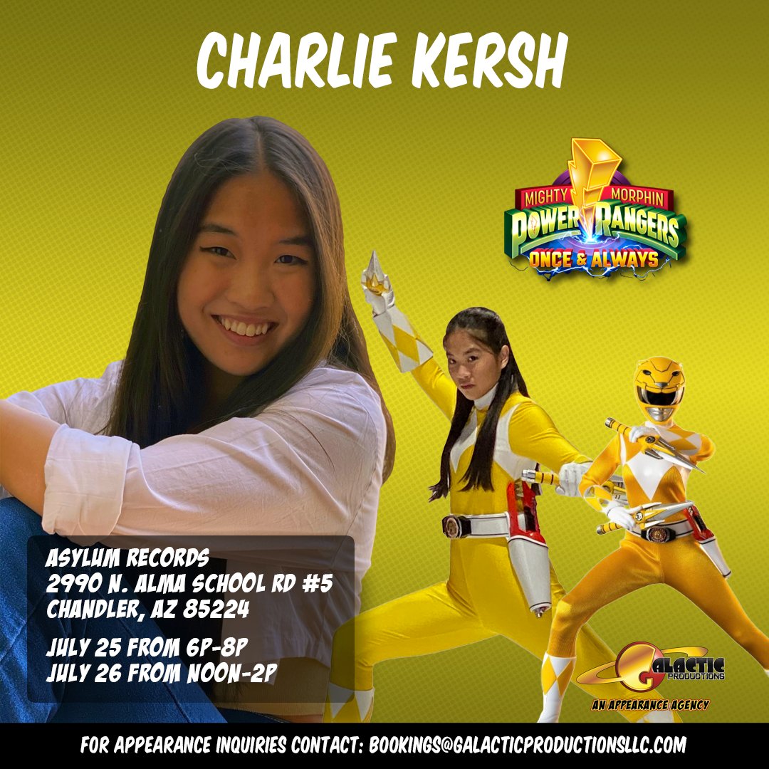 Galactic Productions - An Appearance Agency (@galacticprods) on Twitter photo Chandler, AZ - Charlie Kersh from the 30th Anniversary Netflix special of Mighty Morphin <a href="/PowerRangers/">POWER⚡️RANGERS</a> at <a href="/asylumrecordsaz/">Asylum Records</a> this July 25-26, 2025! #MMPR #ItsMorphinTime #OnceAndAlways #YellowRanger #AsylumRecords Chandler, AZ - Charlie Kersh from the 30th Anniversary Netflix special of Mighty Morphin <a href="/PowerRangers/">POWER⚡️RANGERS</a> at <a href="/asylumrecordsaz/">Asylum Records</a> this July 25-26, 2025! #MMPR #ItsMorphinTime #OnceAndAlways #YellowRanger #AsylumRecords