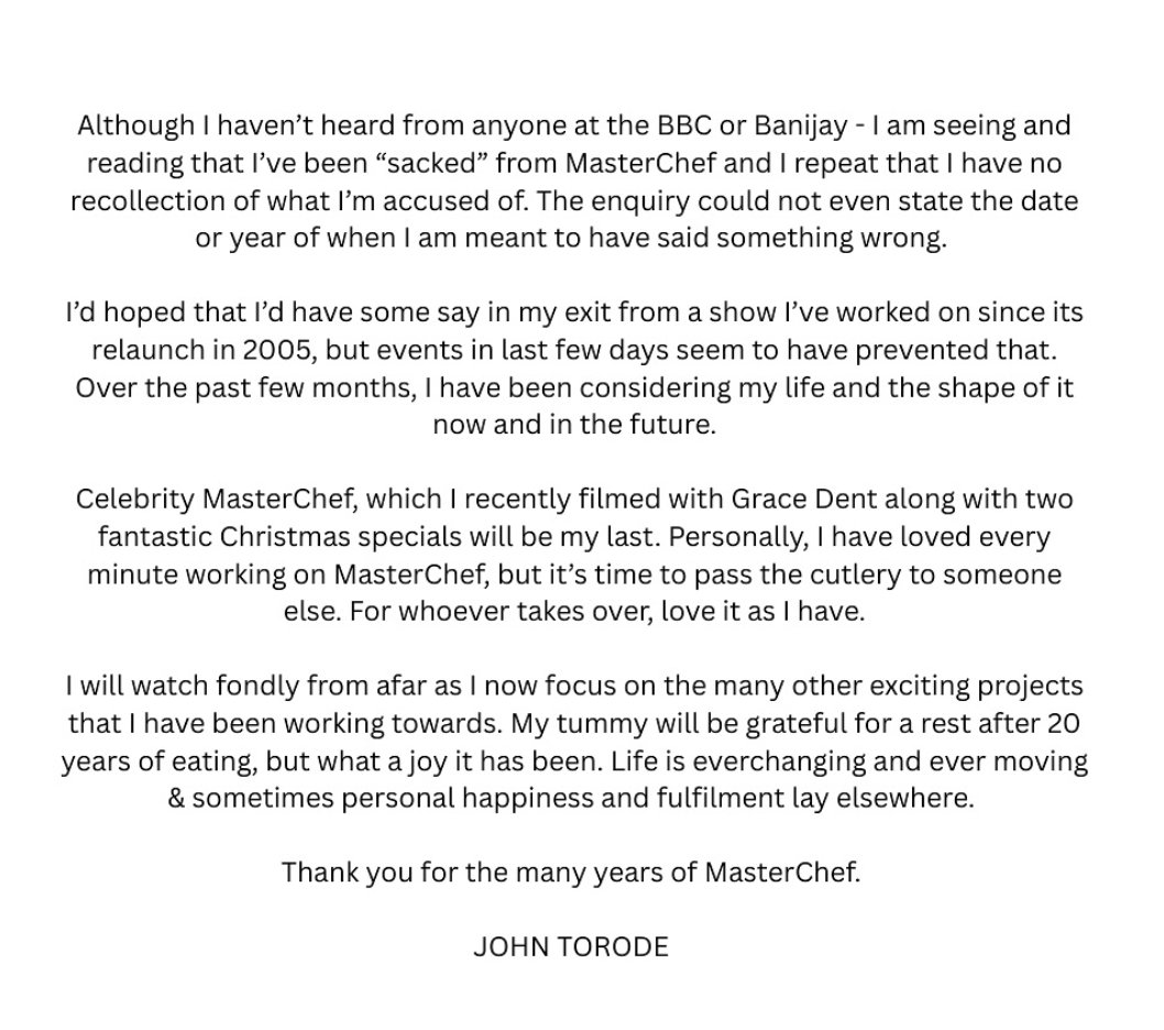 michaelsavage's tweet image. NEW: John Torode says he's been reading he's been sacked from MasterChef, but hasn't heard from the BBC or Banijay.
In any event, he's passing on the cutlery.