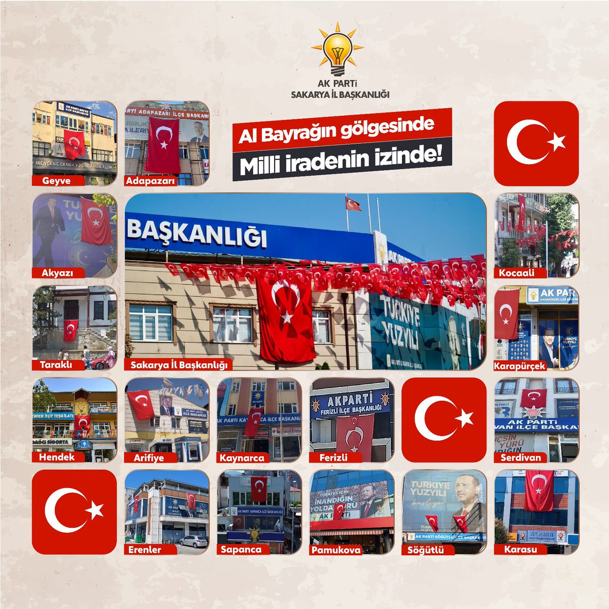AKPartiSakarya's tweet photo. Cumhurbaşkanımız Sayın @RTErdogan’ın çağrısıyla; İl Başkanlığımız ile İlçe Başkanlıklarımızı bayraklarla donatarak bu kutlu çağrıya yürekten cevap verdik.

Bu vesileyle tüm hemşehrilerimizi de evlerini ve iş yerlerini ay yıldızlı al bayrağımızla donatmaya davet ediyoruz. 🇹🇷 https://t.co/ao0PEImRHS