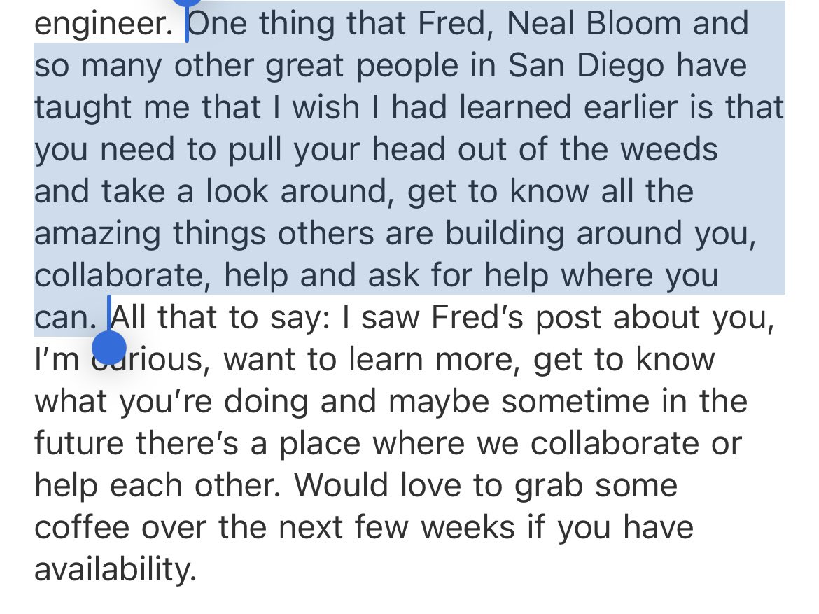 fredmgrier's tweet image. A great insight that was shared on an intro email I made between 2 founders.

tldr: be visible + build connections 

You never know who’s watching 👀

cc: @NealBloom