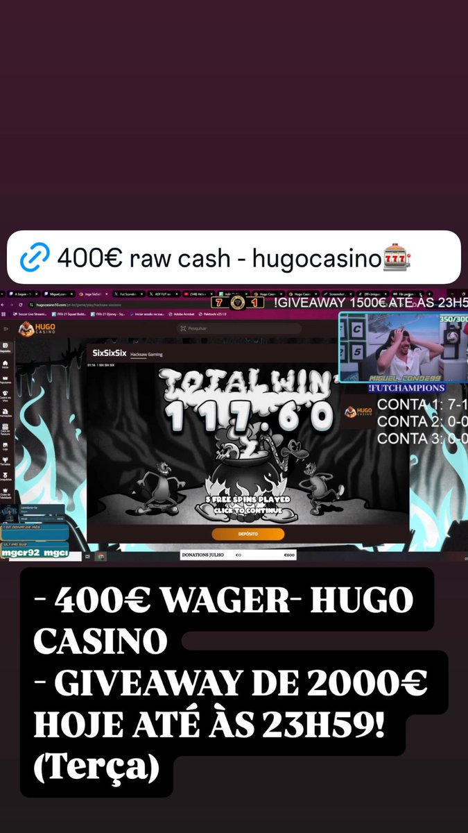 ESTAMOS EM LIVE!💜

Twitch.tv/miguel_conde99

🎰TERMINA HOJE O MEGAGIVEAWAY DE 5 PESSOAS 1500€ CADA COM 2 DEPÓSITOS MÍNIMO POR PESSOA! 

BOA SORTE A TODOS!

👇LINK DO GIVEAWAY PARA PARTICIPAREM EM BAIXO!👇

track.intrklnkmain.com/visit/?bta=517…