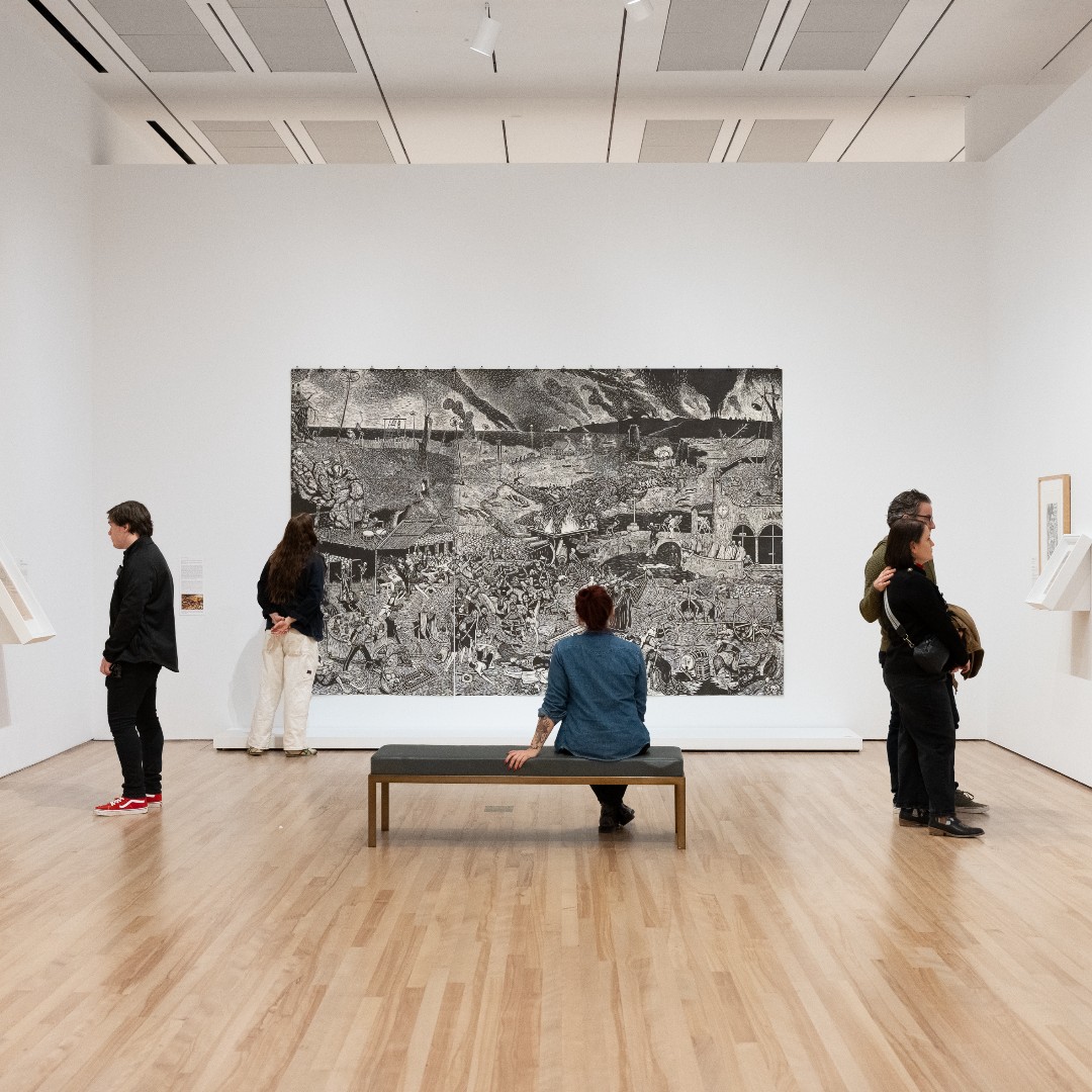 This impressive nine-panel print depicts a panoramic battle scene featuring skeletal infantry and a scythe-swinging Grim Reaper. On view in "José Guadalupe Posada and Artemio Rodríguez: Calaveras y Corazones" until 7/20 as part of "In Creative Harmony"→ blantonmuseum.org/ich