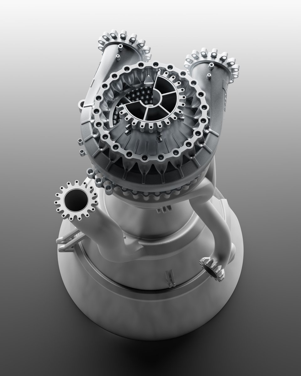 leap_71's tweet image. A look from above our 2000 kN reference engine shows the injector head optimized for the inflow of hot gaseous methane and oxygen at the mass flows required to feed the engine. The twin methane inlets are on the side, the GOX inlet in the center. Created by Noyron without CAD.