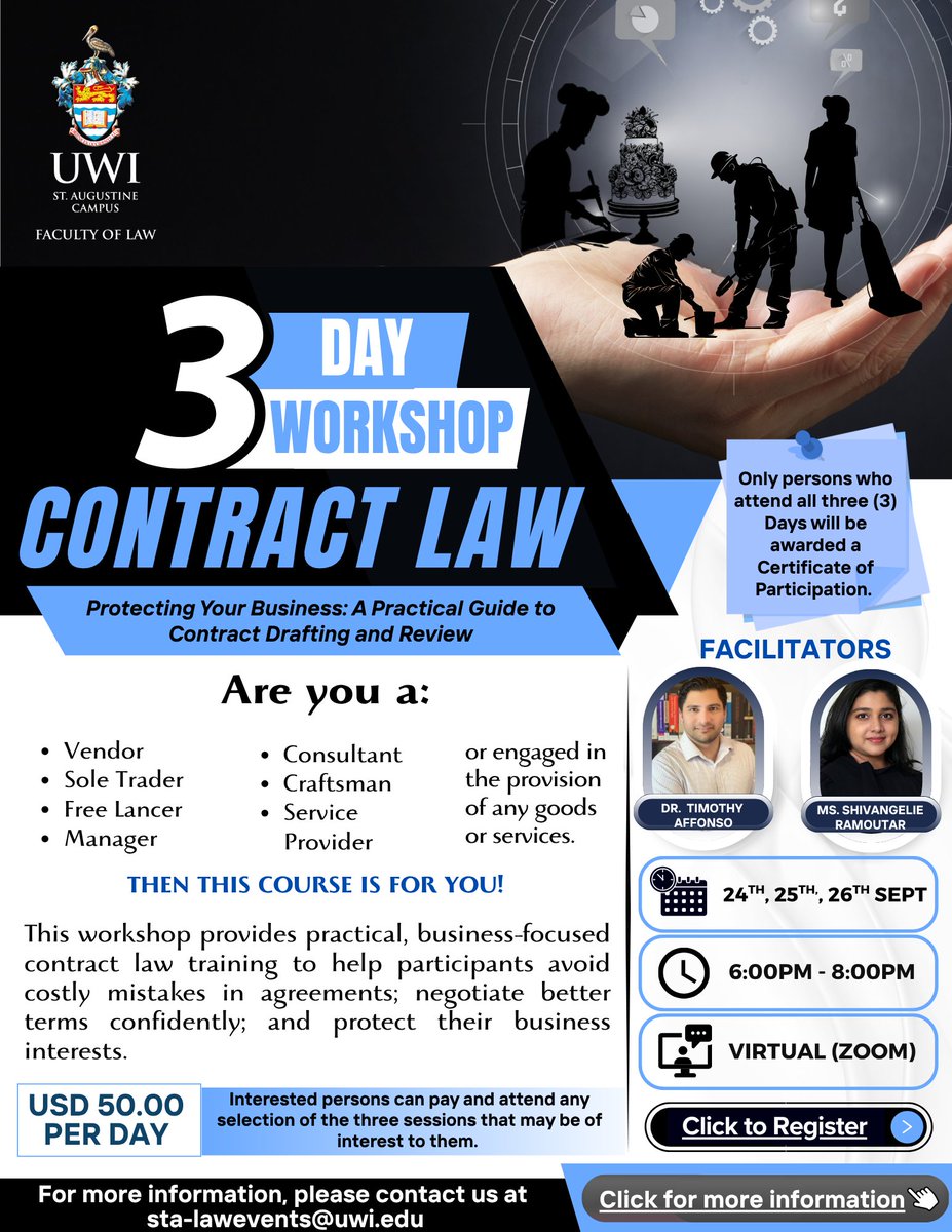 📢 Virtual Contract Law Workshop!
🗓️ Sept 24–26, 2025
🕕 6–8 PM (Each Evening)
💻 Hosted by the Faculty of Law

✅ Secure your spot: shorturl.at/gctF5
💳 Pay here: shorturl.at/ODPca
ℹ️ More info: shorturl.at/9mdxT

#LawWorkshop #ContractLaw #LegalEducation