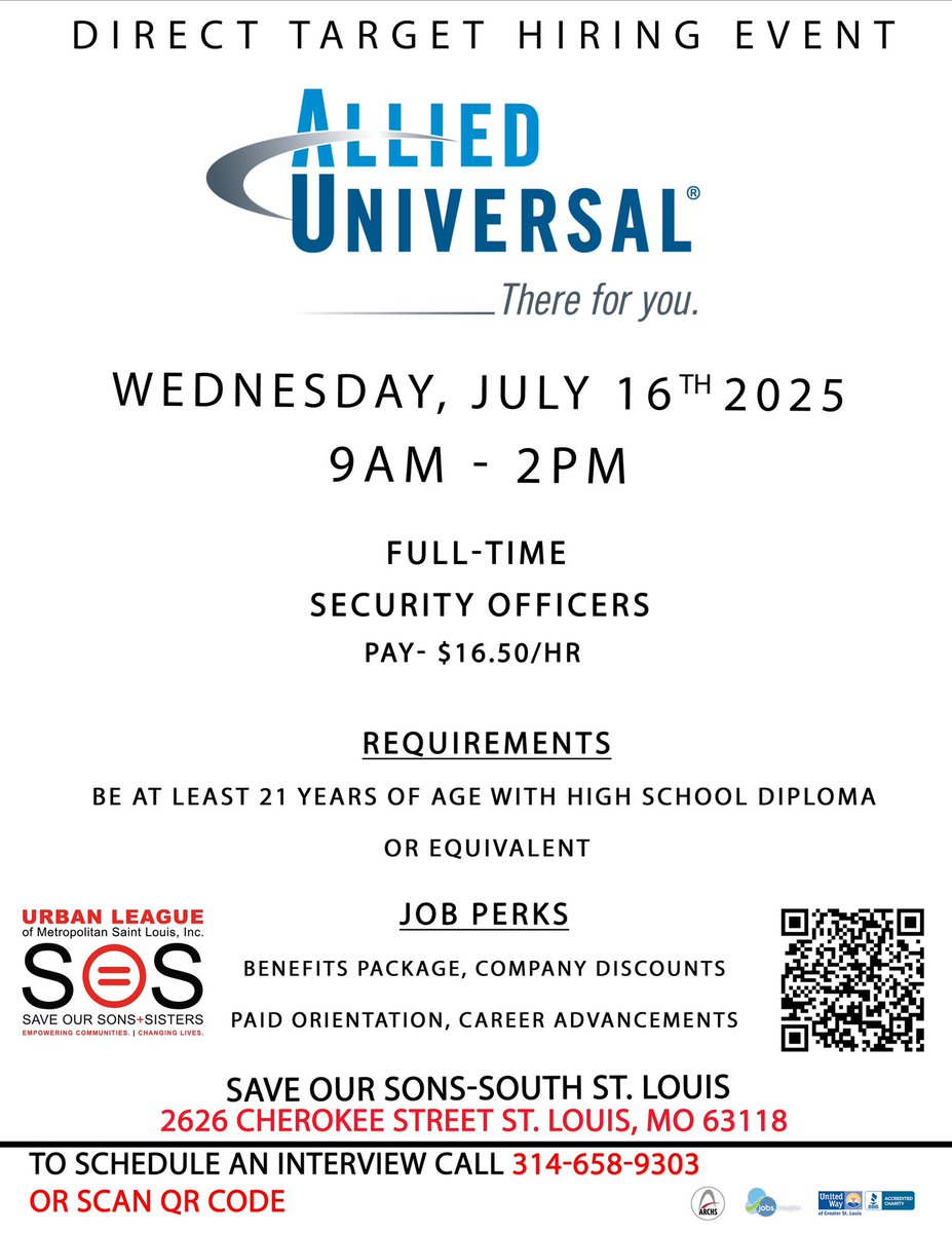 MMULSTL's tweet image. PLEASE SPREAD THE WORD TO ANYONE IN NEED OF A JOB THAT IS INTERESTED IN SECURITY! The Urban League’s @ULSTL Save Our Sons + Sisters Workforce Program is hosting this hiring fair tomorrow at our South City Location on Cherokee from 9am-2pm! #ULSTL #UrbanLeague #Jobs #SaveOurSons…