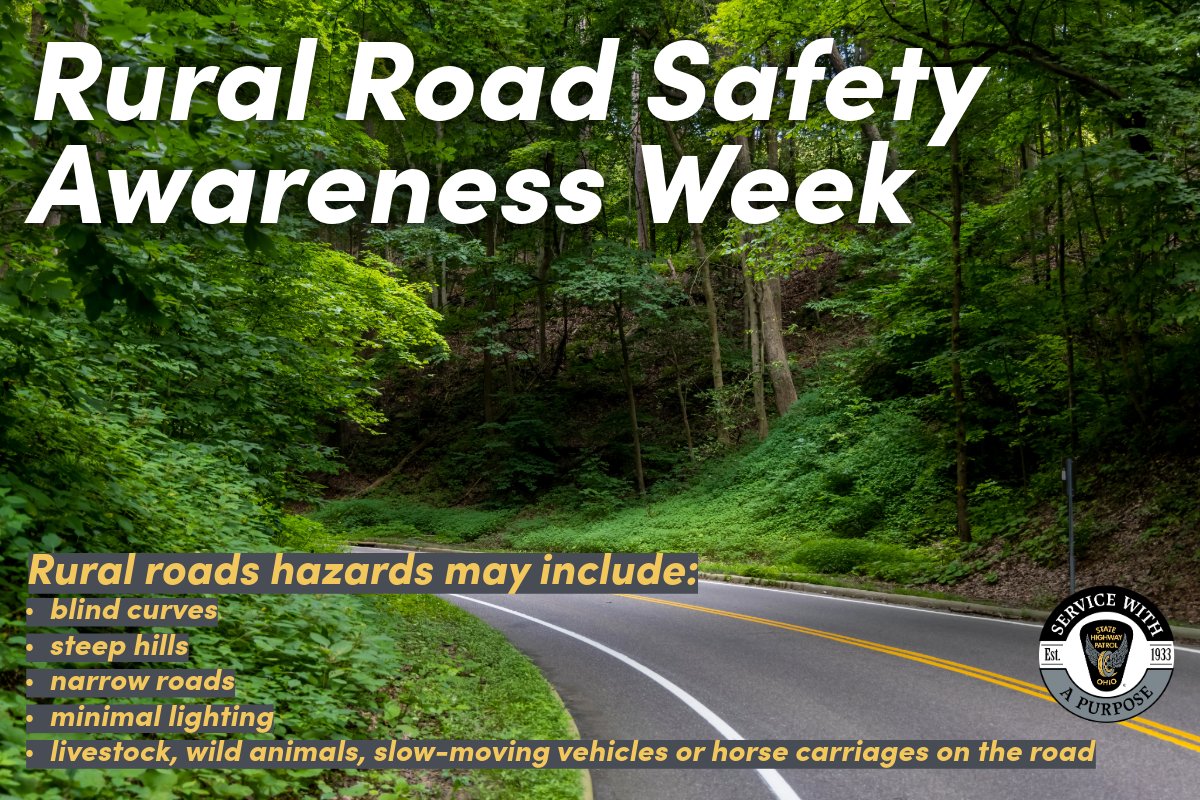 OSHP_NEOhio's tweet image. Rural areas present their own unique set of driving challenges. Things like blind curves, narrow roads and minimal lighting are common on country roads. Practice extra caution when traveling in these areas.