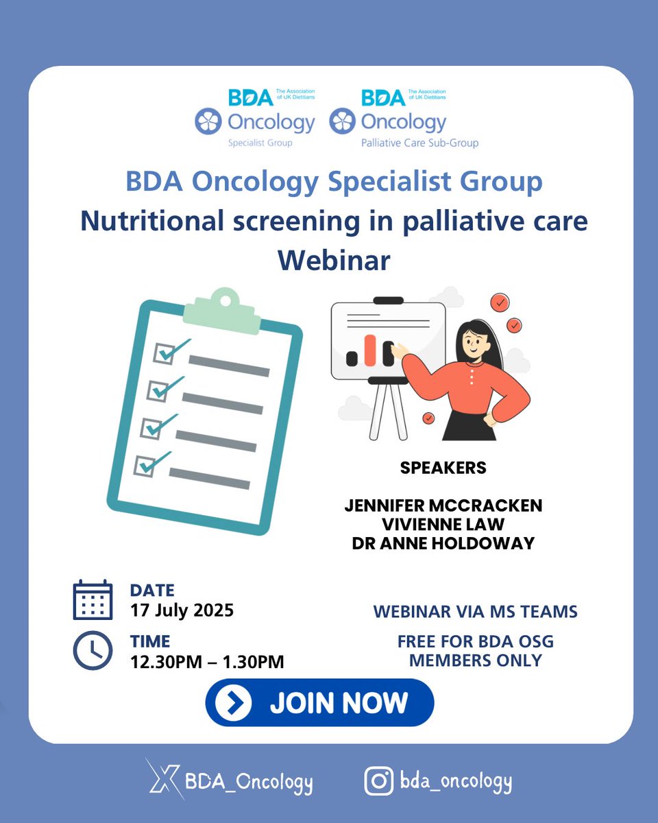 BDA Oncology Specialist Group (@bda_oncology) on Twitter photo β¨ Nutritional screening in palliative care
ποΈ 17 July | β° 12.30-1.30pm | π» Virtual
Join the Palliative Care Sub-Group Webinar π
Hear from Jennifer, Vivienne, <a href="/AnneHoldoway/">Anne Holdoway</a>
π National survey results & recs!
β¨ FREE for OSG members.
π Register now! #PalliativeCare β¨ Nutritional screening in palliative care
ποΈ 17 July | β° 12.30-1.30pm | π» Virtual
Join the Palliative Care Sub-Group Webinar π
Hear from Jennifer, Vivienne, <a href="/AnneHoldoway/">Anne Holdoway</a>
π National survey results & recs!
β¨ FREE for OSG members.
π Register now! #PalliativeCare