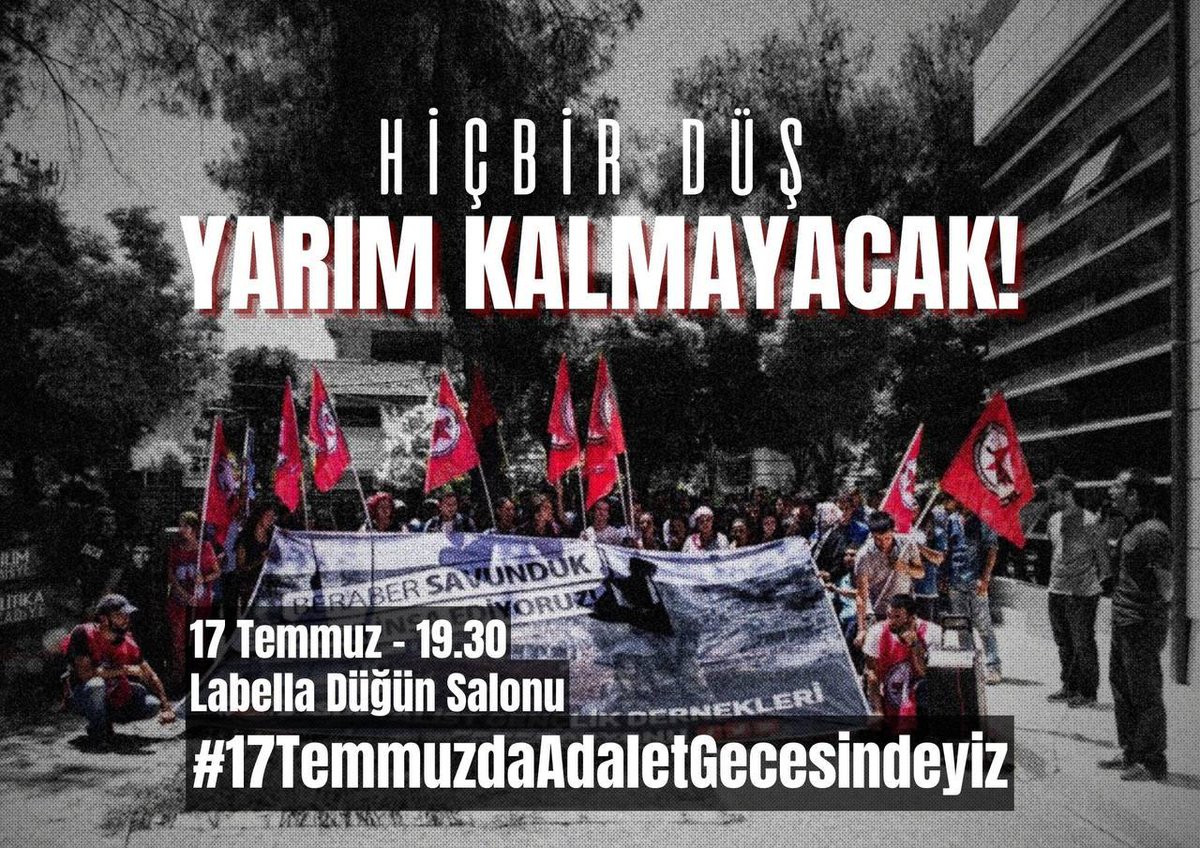 Suruç için adalet 
Herkes için adalet demeye 10 yıldır devam ediyoruz.
Yüreği adalet için atan herkesi 17 Temmuz'da Labella'da buluşmaya çağırıyoruz. Sesimiz ve  mücadelemiz ortak olsun! #17TemmuzdaAdaletGecesindeyiz
