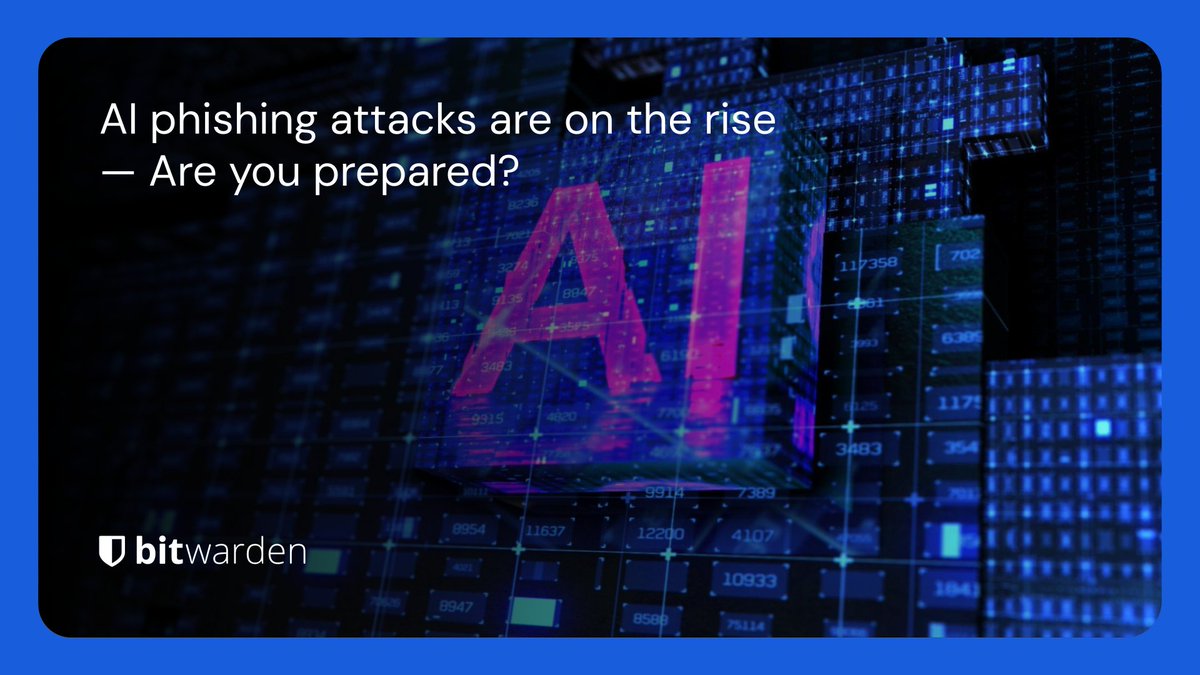 Bitwarden's tweet image. While AI has opened up new possibilities for productivity, it has also compounded the threat of phishing attacks, putting more people and companies at risk. Read more about the rise of AI-enhanced phishing: btwrdn.com/3TIv60r #cybersecurity