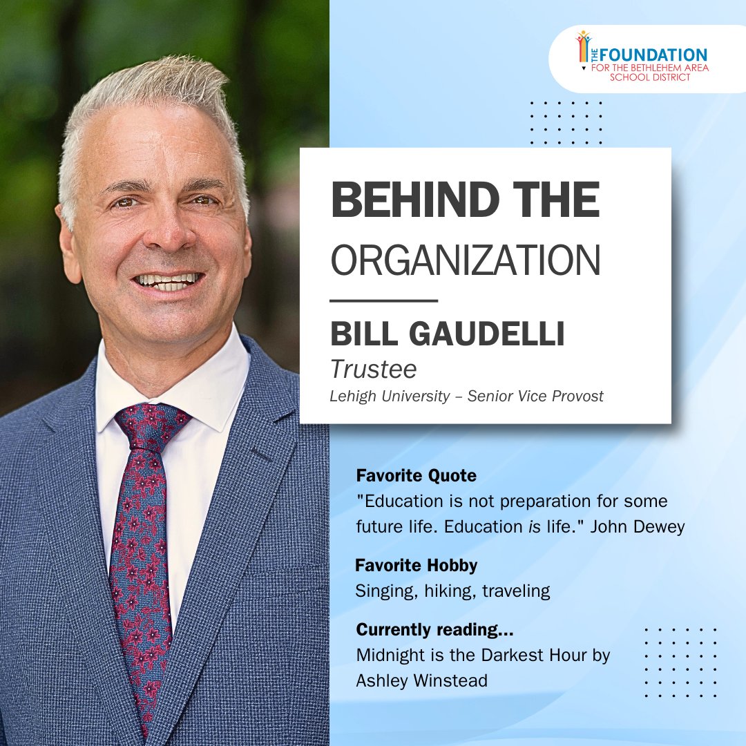FoundationBASD's tweet image. Meet Bill Gaudelli, one of our newest board members of the Foundation as of 2024! 🎊
Although not a previous student of the BASD, Bill currently acts as the Senior Vice Provost at Lehigh University, and is excited to be involved on our board!
#foundationBASD #BASD #BASDproud