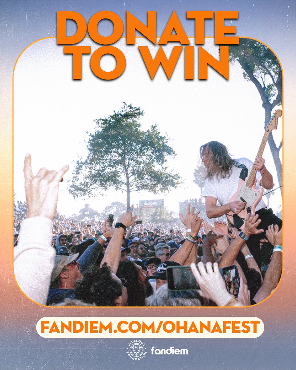 TheOhanaFest's tweet image. Enter to win round trip travel + hotel, two 3-Day VIP passes to see @eddievedder, @greenday, @hozier, @kingsofleon & more, artist lounge passes, an Eddie Vedder-signed poster + a surf lesson for two. Donate to win & support Pearl Jam's Vitalogy Foundation: fandiem.com/ohanafest