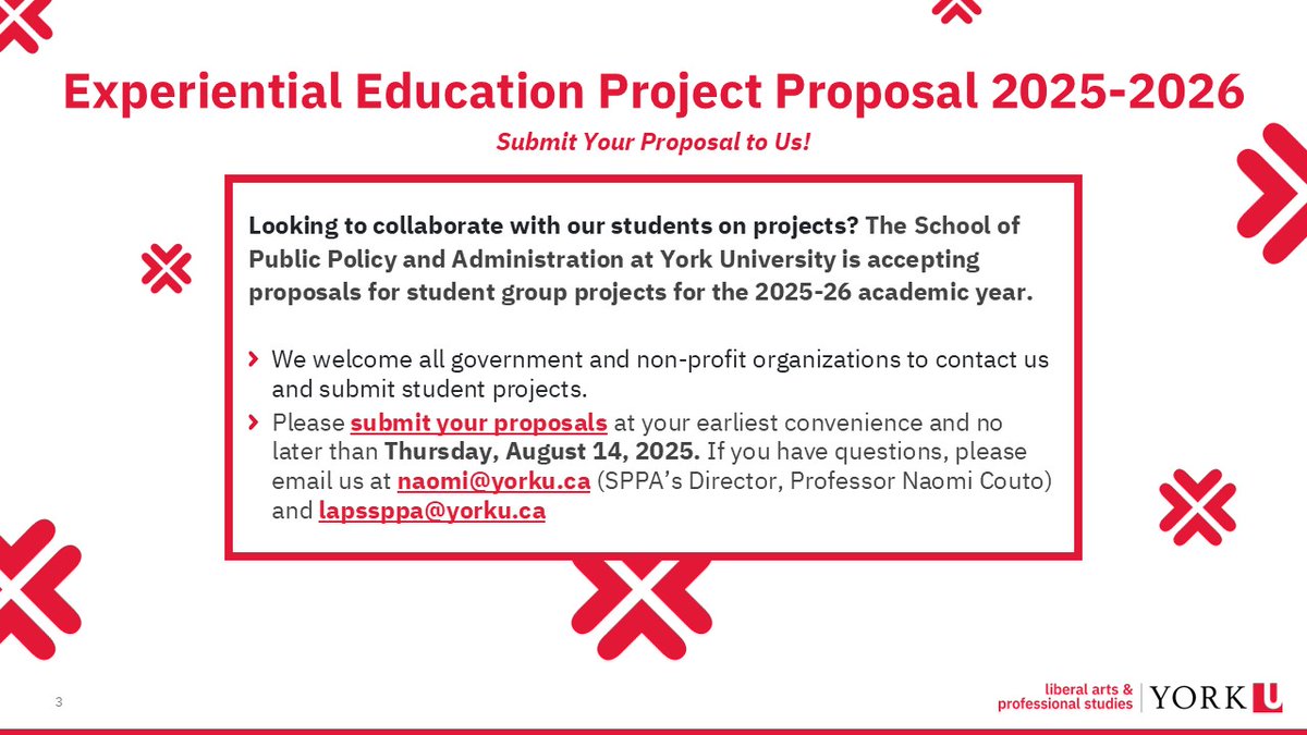 SPPA Call for Experiential Education Proposals​ for 2025-2026! Help our students learn from you!✍️

For further details, check out yorku.ca/laps/sppa/expe…!