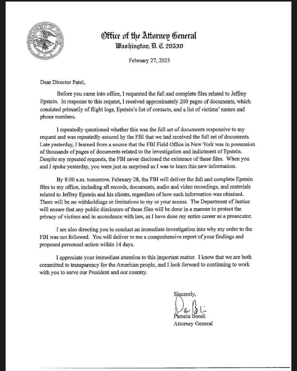 Jupiter Tuesday (@jupiter_tuesday) on Twitter photo Hey <a href="/PamBondi/">Pam Bondi</a> we remember that you sent this letter to <a href="/FBIDirectorKash/">FBI Director Kash Patel</a> it’s also on the DOJ website. Something about 200 pages received and thousands more pages expected? But there’s no list, right? Convenient. #EpsteinFiles justice.gov/ag/media/13913… Hey <a href="/PamBondi/">Pam Bondi</a> we remember that you sent this letter to <a href="/FBIDirectorKash/">FBI Director Kash Patel</a> it’s also on the DOJ website. Something about 200 pages received and thousands more pages expected? But there’s no list, right? Convenient. #EpsteinFiles justice.gov/ag/media/13913…