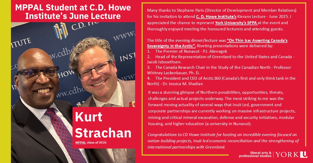 Kurt Strachan, our MPPAL student (Class of 2025), who had the opportunity to represent SPPA as a well-deserved attendee at the C.D. Howe Institute’s Kierans Lecture in June. Thanks to Stephane Paris for the support! We are proud of Kurt for this incredible experience!
#MPPALproud