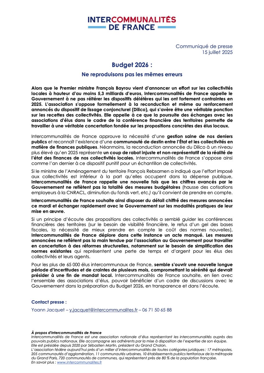 IntercoDeFrance's tweet image. 📣 [Communiqué] Budget 2026 : Ne reproduisons pas les mêmes erreurs

👉 Alors que le Premier ministre François Bayrou vient d’annoncer un effort sur les collectivités locales à hauteur d’au moins 5,3 milliards d’euros, Intercommunalités de France appelle le Gouvernement à ne pas…