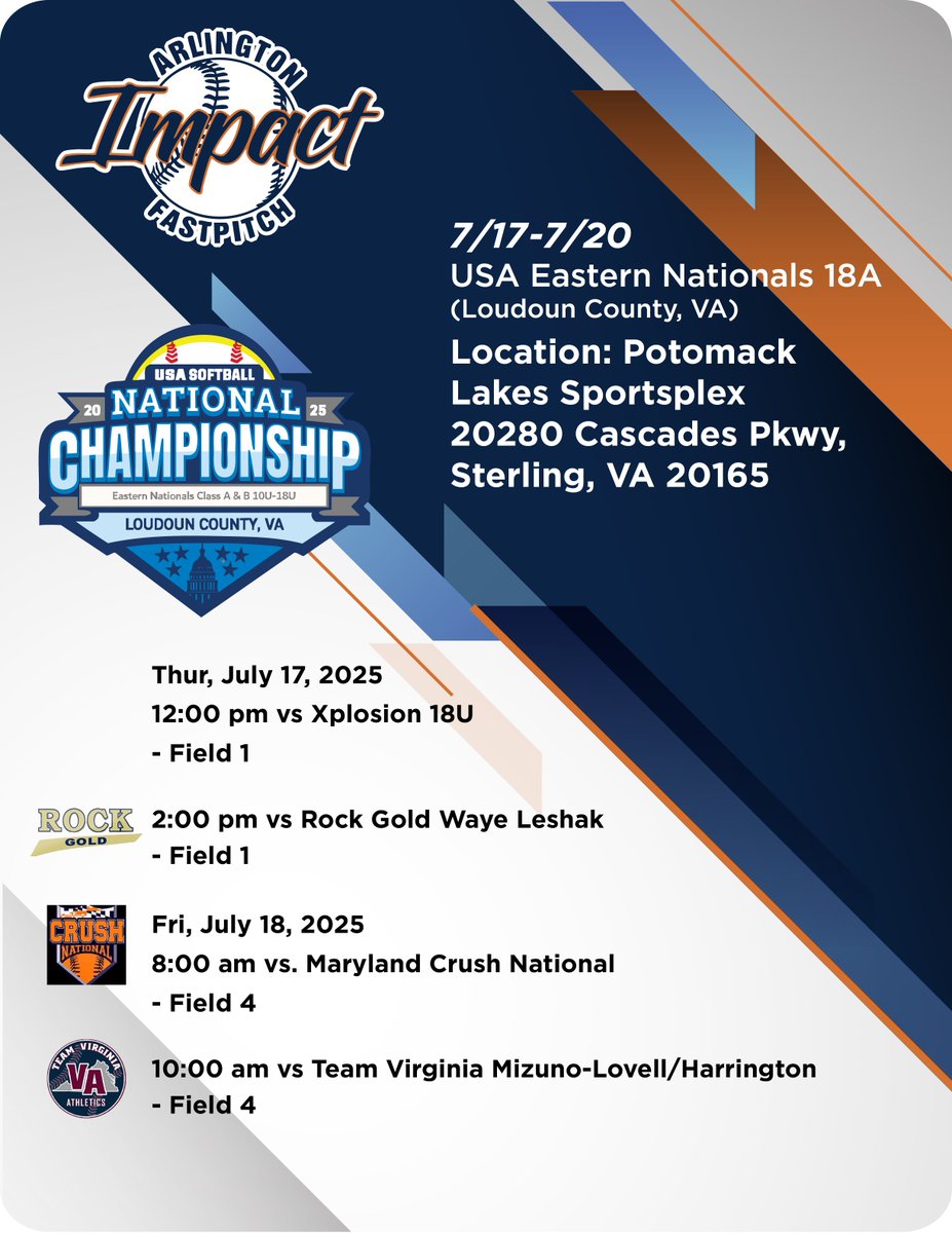 Nicole Teetz (@nicoleteetz2027) on Twitter photo 📷 Let’s go, Impact! 📷
We’re closing out our summer season with a bang 📷 at USA Softball’s Eastern Nationals in Sterling, VA from July 17–20!
Come cheer us on and show your support as we leave it all on the field <a href="/NCSACoachDaily/">Jess Daily</a> <a href="/K_Maronski/">Krysti Neufeldt</a> <a href="/SBRRetweets/">Softball Recruiting Reposts</a> <a href="/CoastRecruits/">Coast 2 Coast Recruits</a> 📷 Let’s go, Impact! 📷
We’re closing out our summer season with a bang 📷 at USA Softball’s Eastern Nationals in Sterling, VA from July 17–20!
Come cheer us on and show your support as we leave it all on the field <a href="/NCSACoachDaily/">Jess Daily</a> <a href="/K_Maronski/">Krysti Neufeldt</a> <a href="/SBRRetweets/">Softball Recruiting Reposts</a> <a href="/CoastRecruits/">Coast 2 Coast Recruits</a>