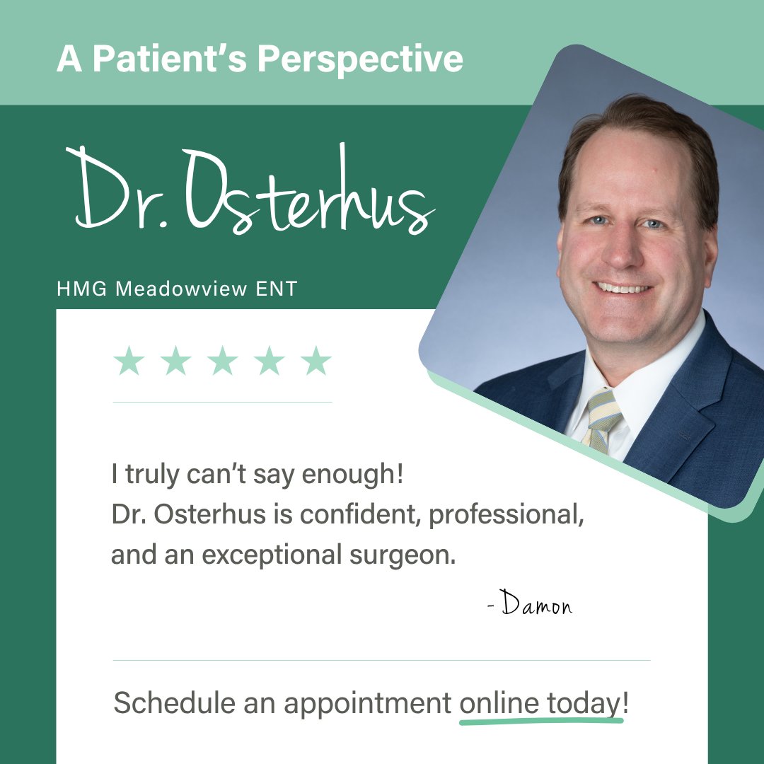 HMGforYou's tweet image. Hear why patients love Dr. Osterhus at HMG's Meadowview ENT! Schedule your visit online today. 👇
holstonmedicalgroup.com/online-schedul…

#HealthPartner4Life #PatientPerspective #CommunityofCare