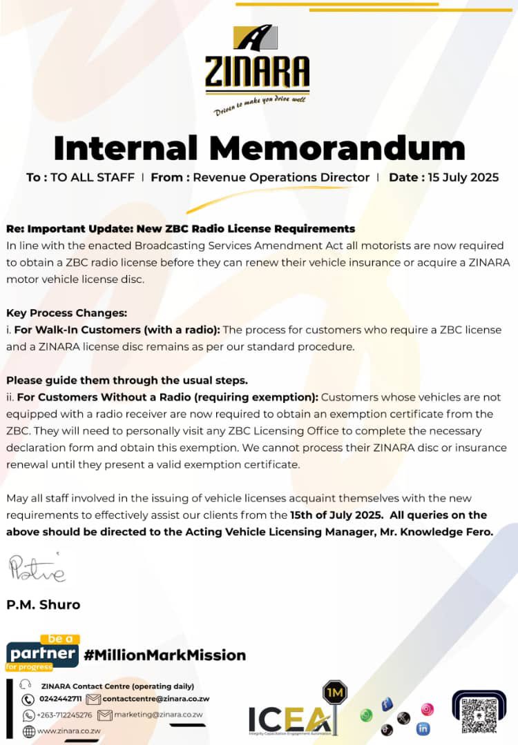 VulindlelaNdab2's tweet image. Important update for Zimbabwean motorists!
In line with the Broadcasting Services Act, @zinaraZW now requires a ZBC radio license to renew vehicle insurance or acquire a license disc. Stay compliant, get your license today @ZBCNewsonline @Mug2155 @BusisaMoyo @CityofBulawayo